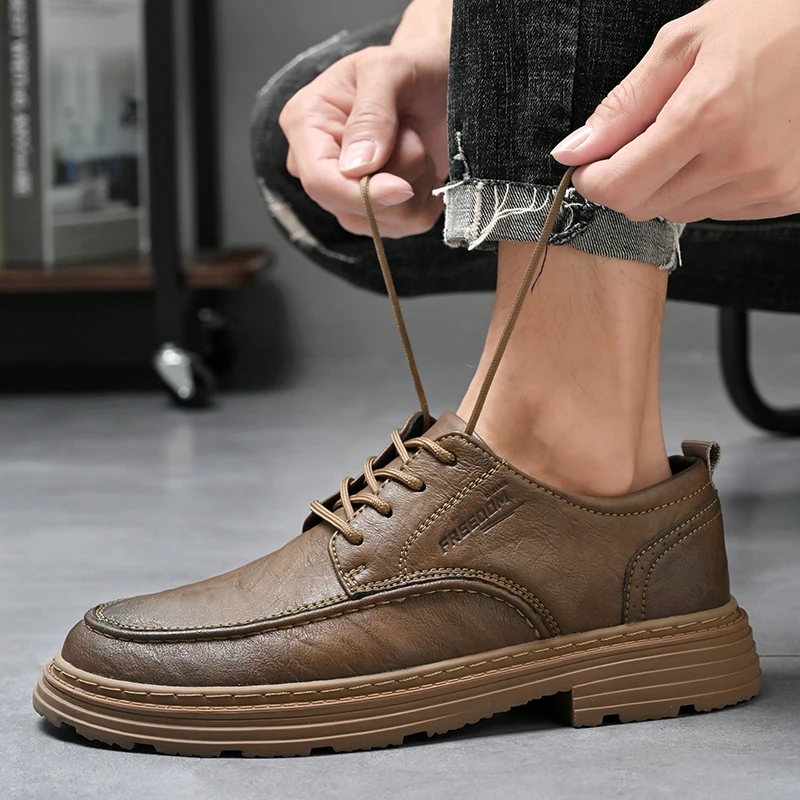 

2025 new plus size men's casual shoes, thick soled leather shoes, hand sewn loafers, fashionable men's shoes