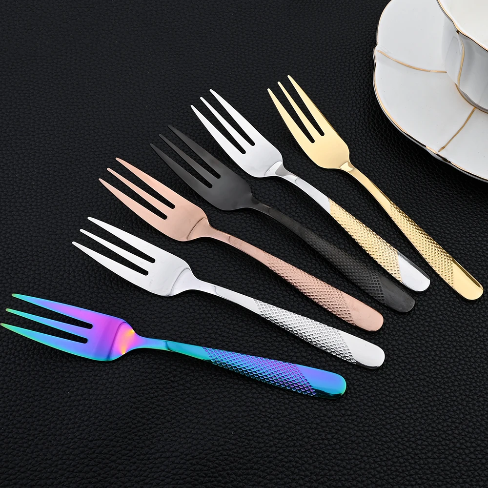 6 Stück Besteck Edelstahl Abendessen Obst gabel bunte Kuchen gabeln mit langem Griff Teelöffel Set für Hotel party
