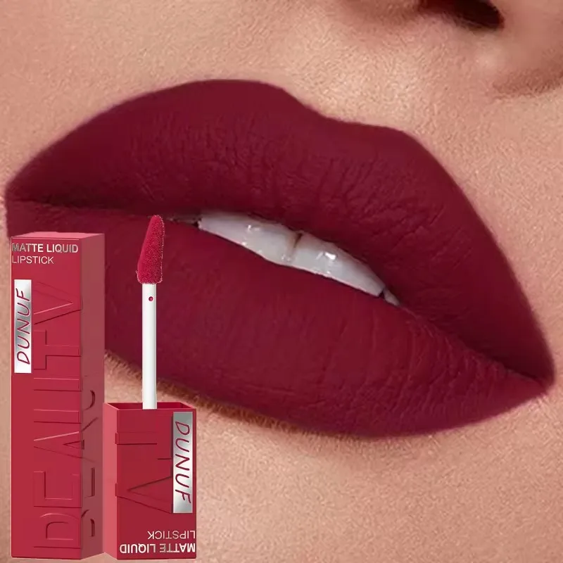 DUNUF 8-Color Matte Lip Velvet Smooth Sexy Easy-to-Apply Square Gloss Tube Waterproof Three-Dimensional Plumping Lipstick Makeup