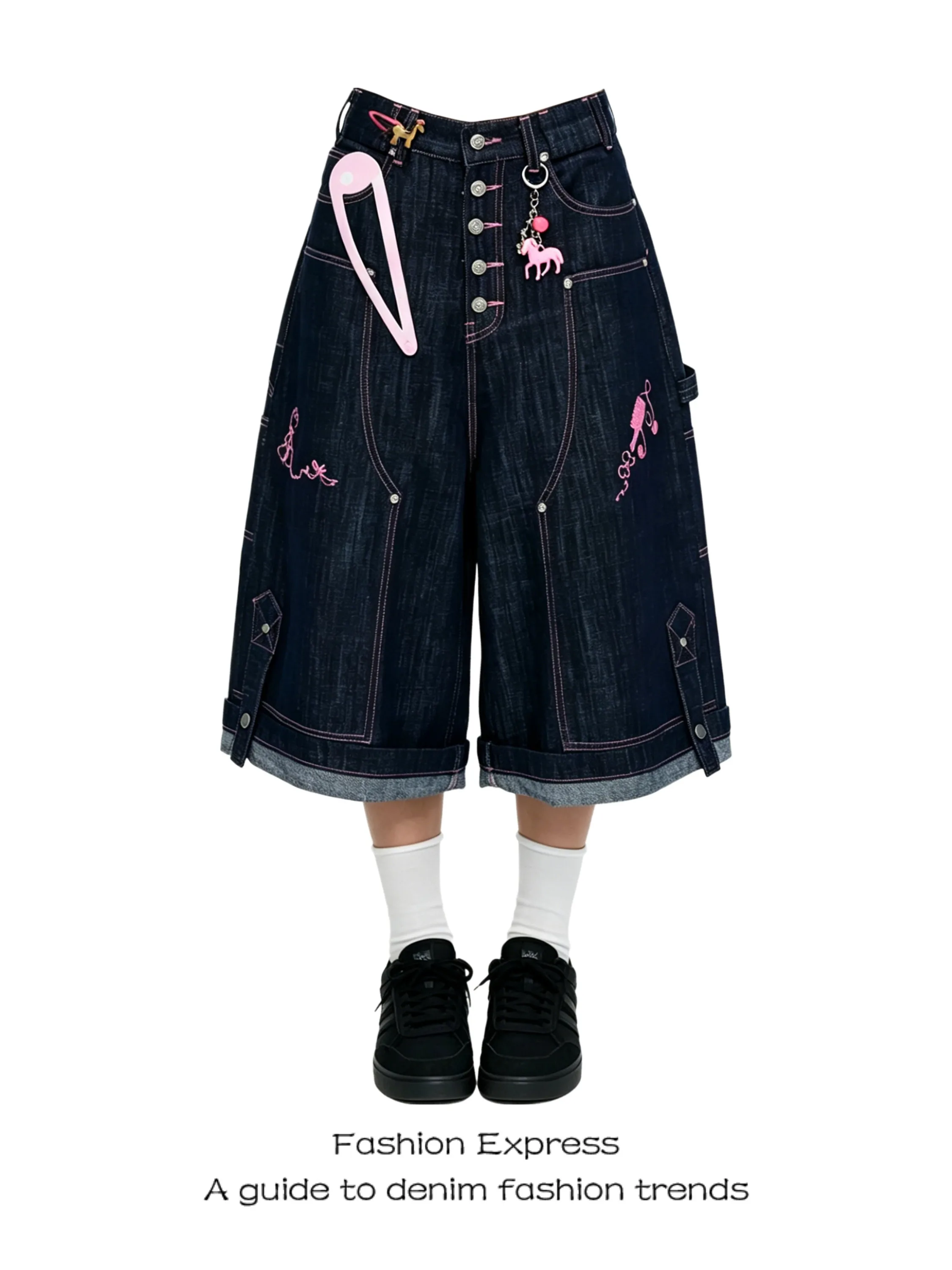 Stylish Seven-Foot Pants for Men And Women Summer Pink Stitching Sweet Retro Original Cowhide Texture Straight Leg Jeans