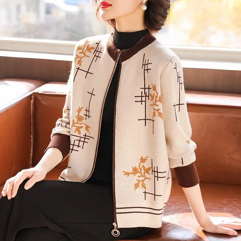 

New Spring Autumn Clothing Chic Loose Knitt Sweater Jacket Women's Short Outwear Loose Printing Long Sleeve Thin Knitwear Jacket