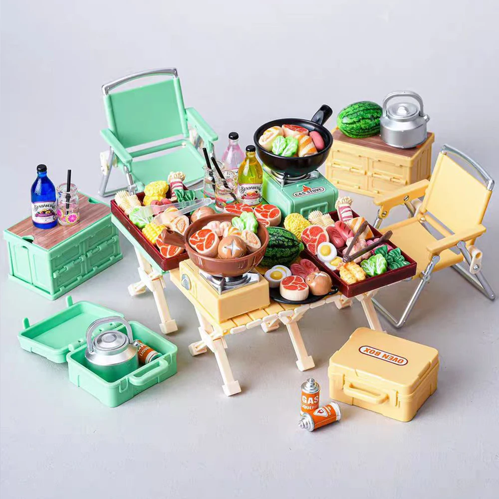 Kinder Simulation Outdoor Camping Tische Set Mini Outdoor Klappstühle Karte Öfen Ausrüstung Miniatur Möbel Geschenk