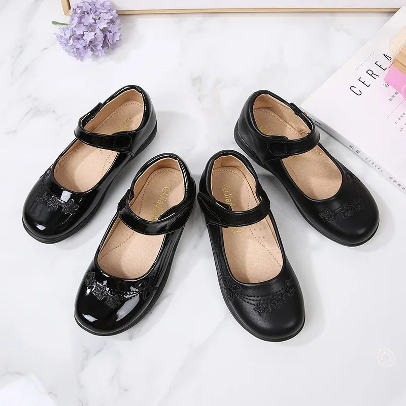 Girls Black Leather Shoes for Students Performance Children Glossy Black Uniform School Shoes Kids Versatile Soft Hook & Loop