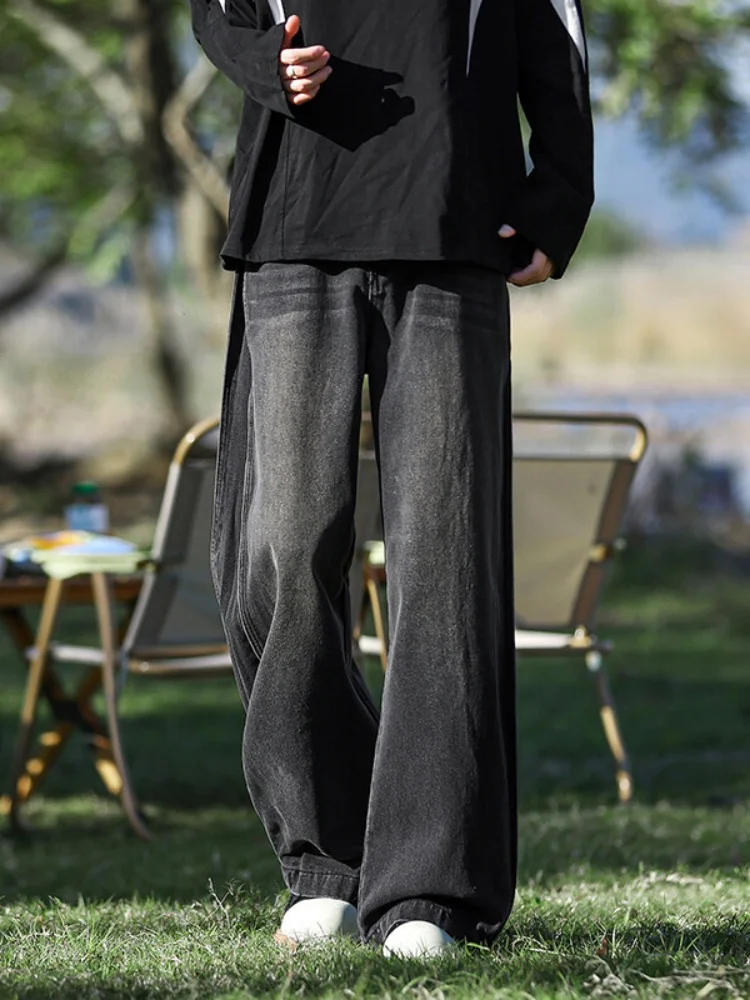 

American Sle Men's Denim Jeans Spring Autumn Side Pleat Straight Loose Wide Leg Pants Wear Resistant Youth Faion
