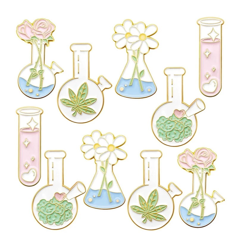 

10 PCS Enamel Pin Cute Cartoon Flask Test Tube Plant Lapel Pin Brooches Badges For Backpacks Jackets