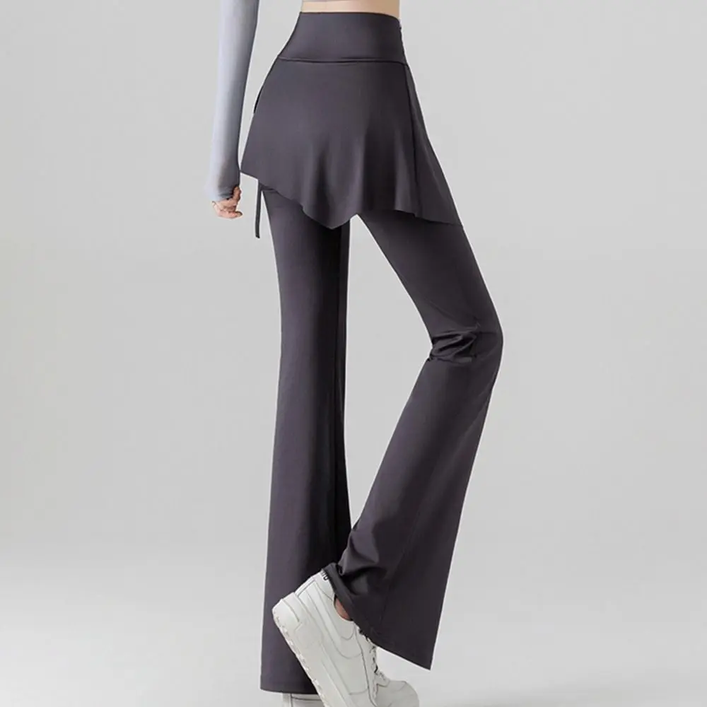 Stretch Fabric Flared Skirt Pants Slimming Design Drawstring Waist Fake Two-Piece Pants Tummy Control Bell Bottom Yoga Leggings