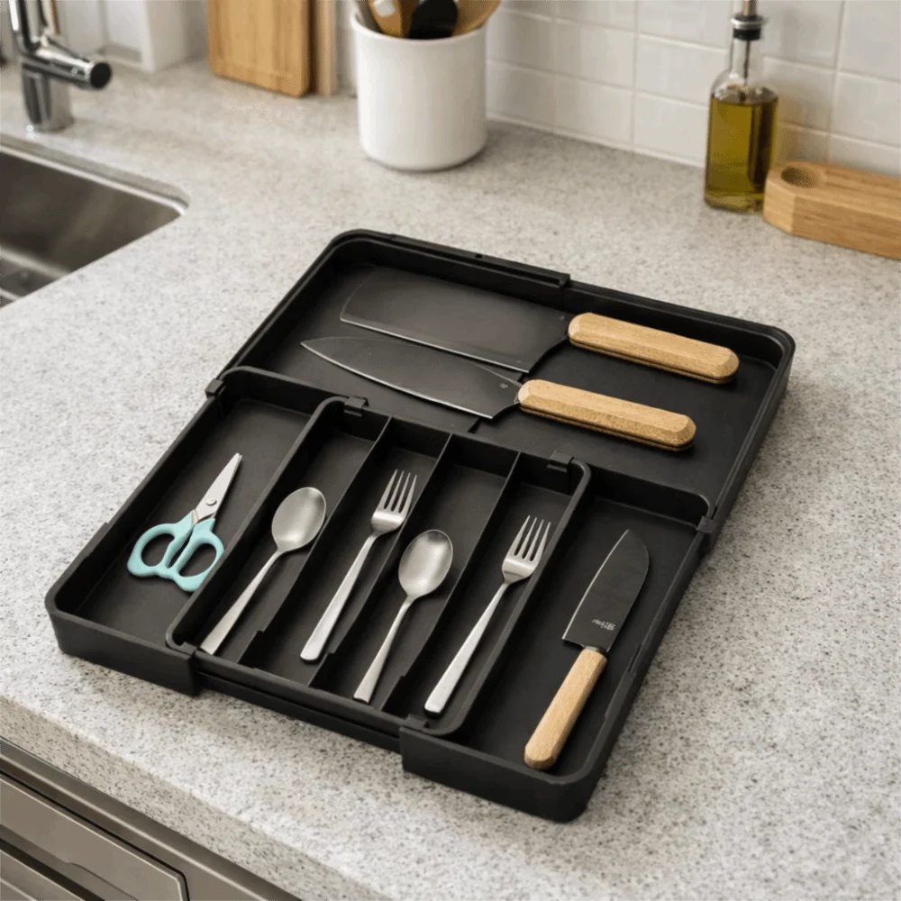 

Органайзер для столовых приборов на 6 секций, выдвижной, пластиковый, с разделителями, регулируемый, экономит место