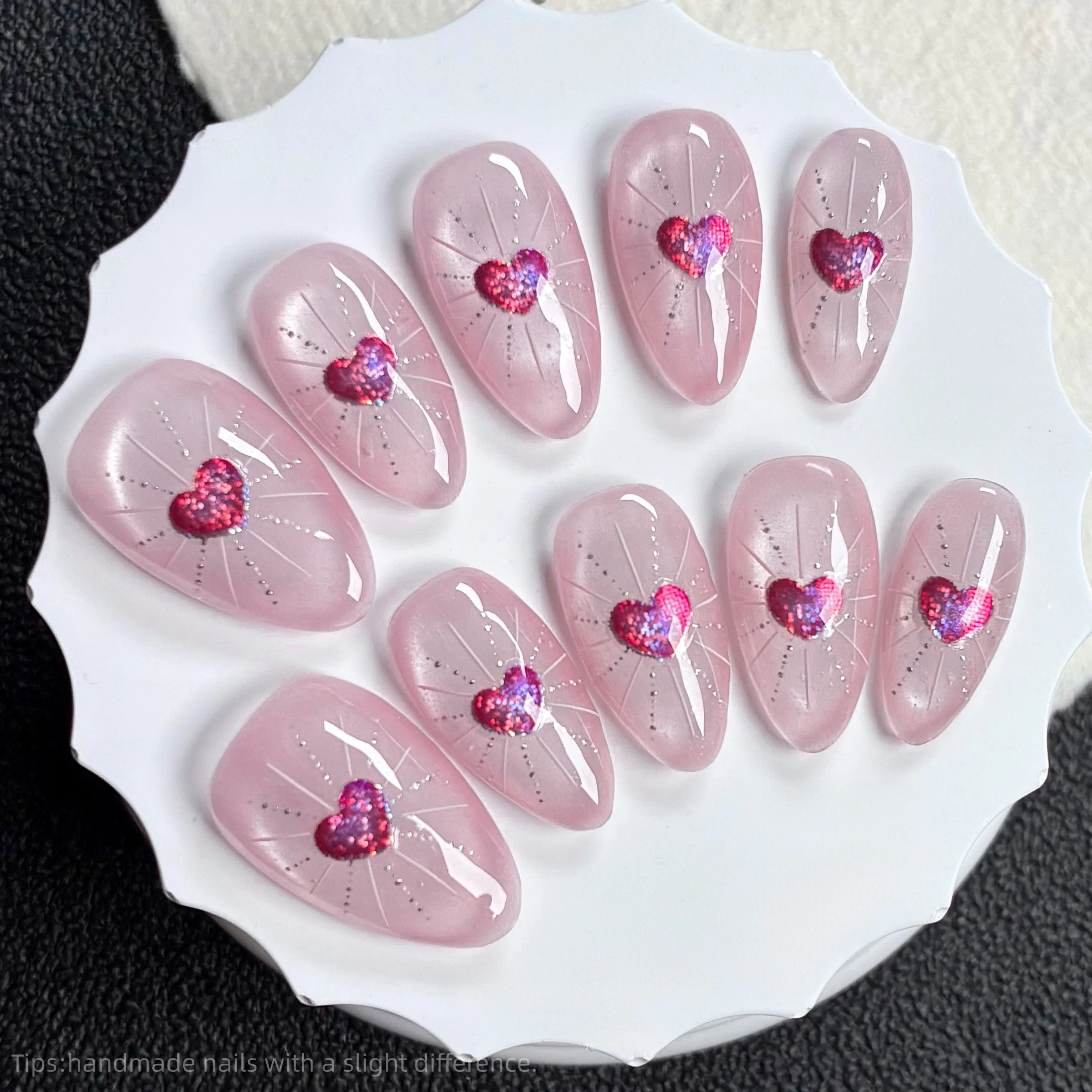 

10Pcs Handmade Press on Nails Pink Cat Eye Heart Short Almond False Nails Sweet INS Style Wearable Reusable Fake Nail Tips