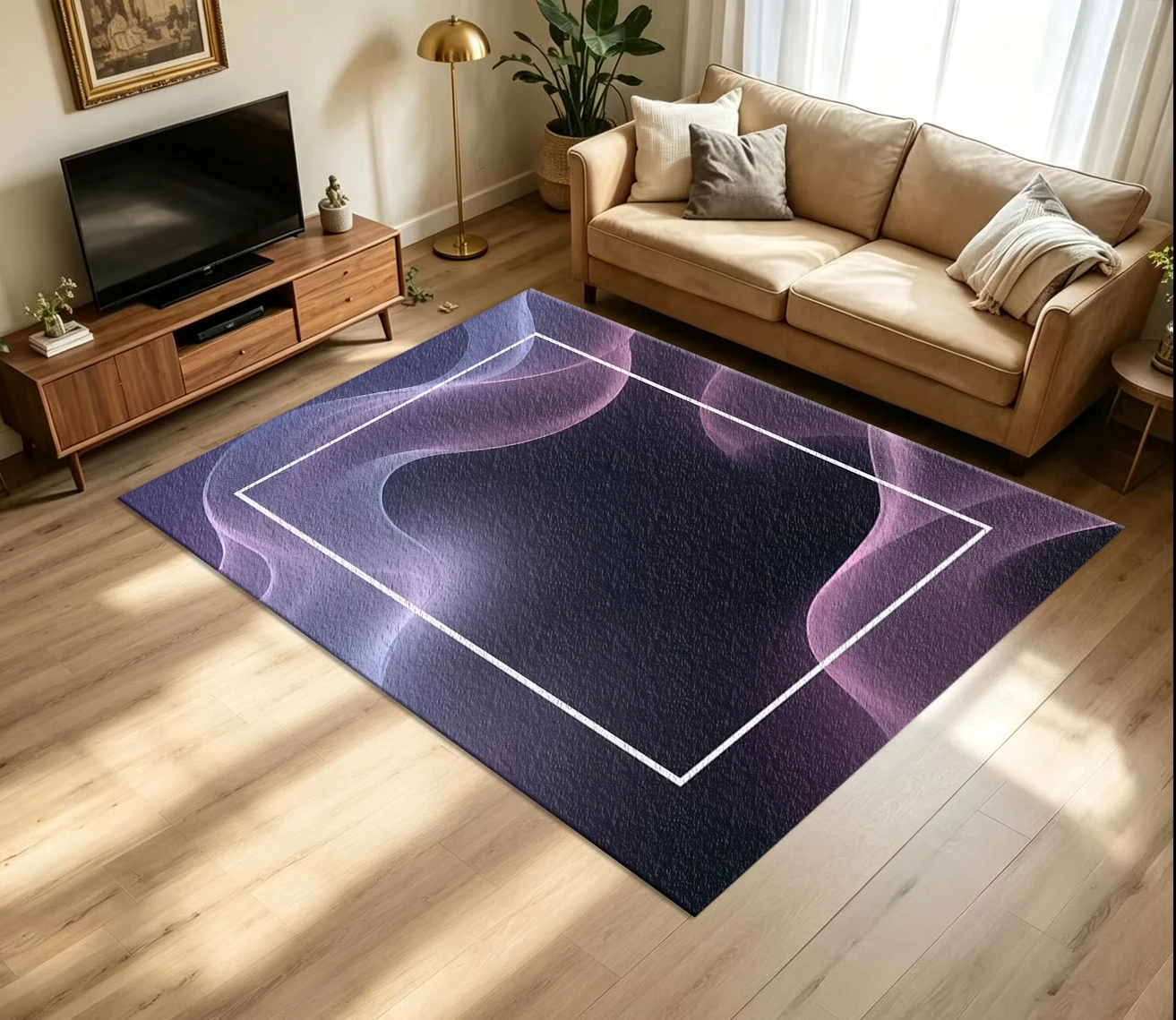 Modern Abstract Purple Gradient Flowing Silk Carpet Flooring Soft Mesh Wave Art Printed Floor Rug for Household Room Home Stylish Decor