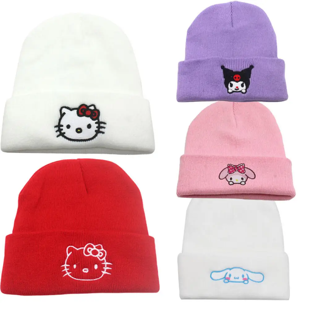 

Kawaii Embroidery Knitted Hat Cartoon Sweet Kuromi Hello Kitty Cinnamoroll Pullover Hats Creative Winter Knitting Wool Warm Hats
