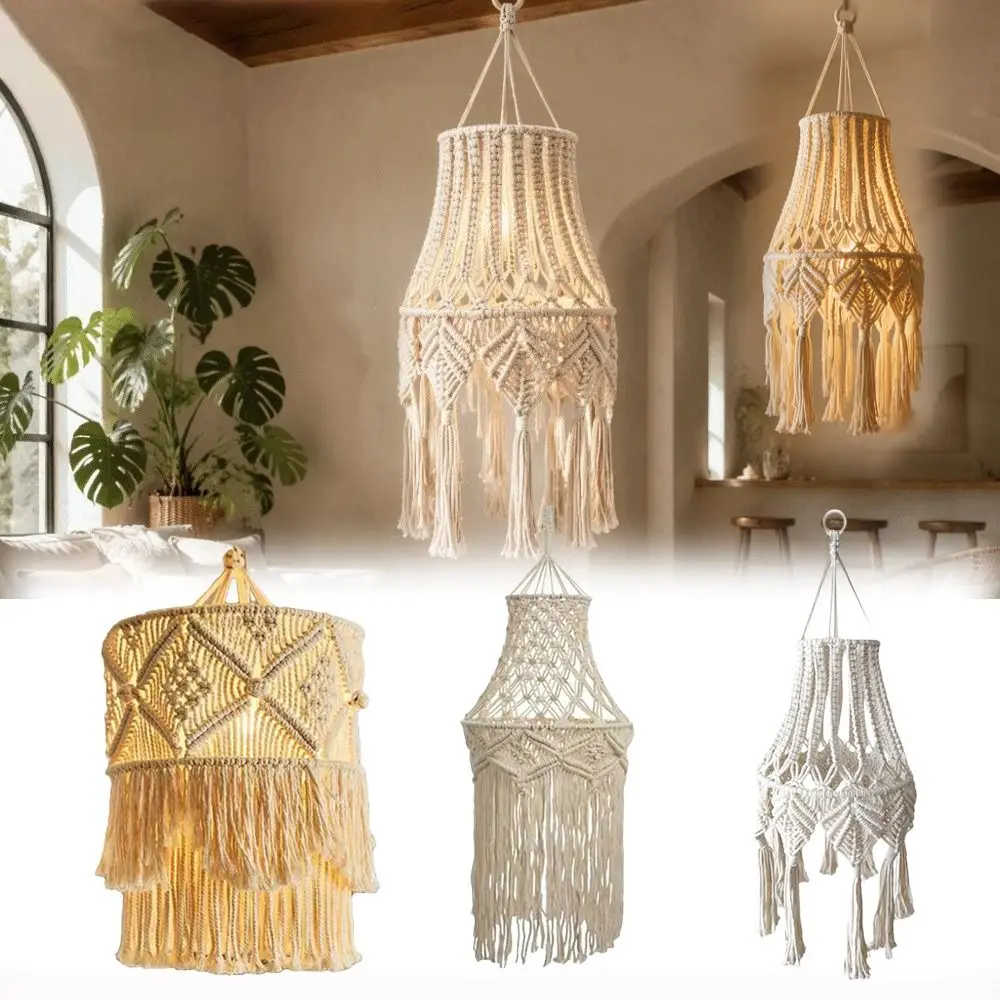 Handwoven Cotton Macrame Lampshade Tassel Detail Woven Texture Handmade Lamp Cover Cotton Rope Handcrafted Design