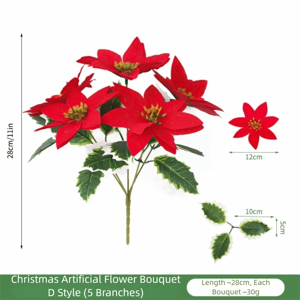 5 رؤساء باقة البونسيتة الاصطناعية باقة الزهور الاصطناعية واقعية عيد الميلاد الديكور الأحمر البونسيتة محاكاة باقة