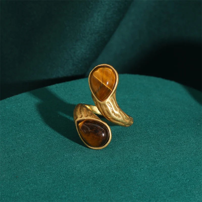 Blue Natural Stone Open Leopard Rings Fashionable Retro Water Drop Copper Gold Color Pearl Flower Wide Edition Finger Jewelry