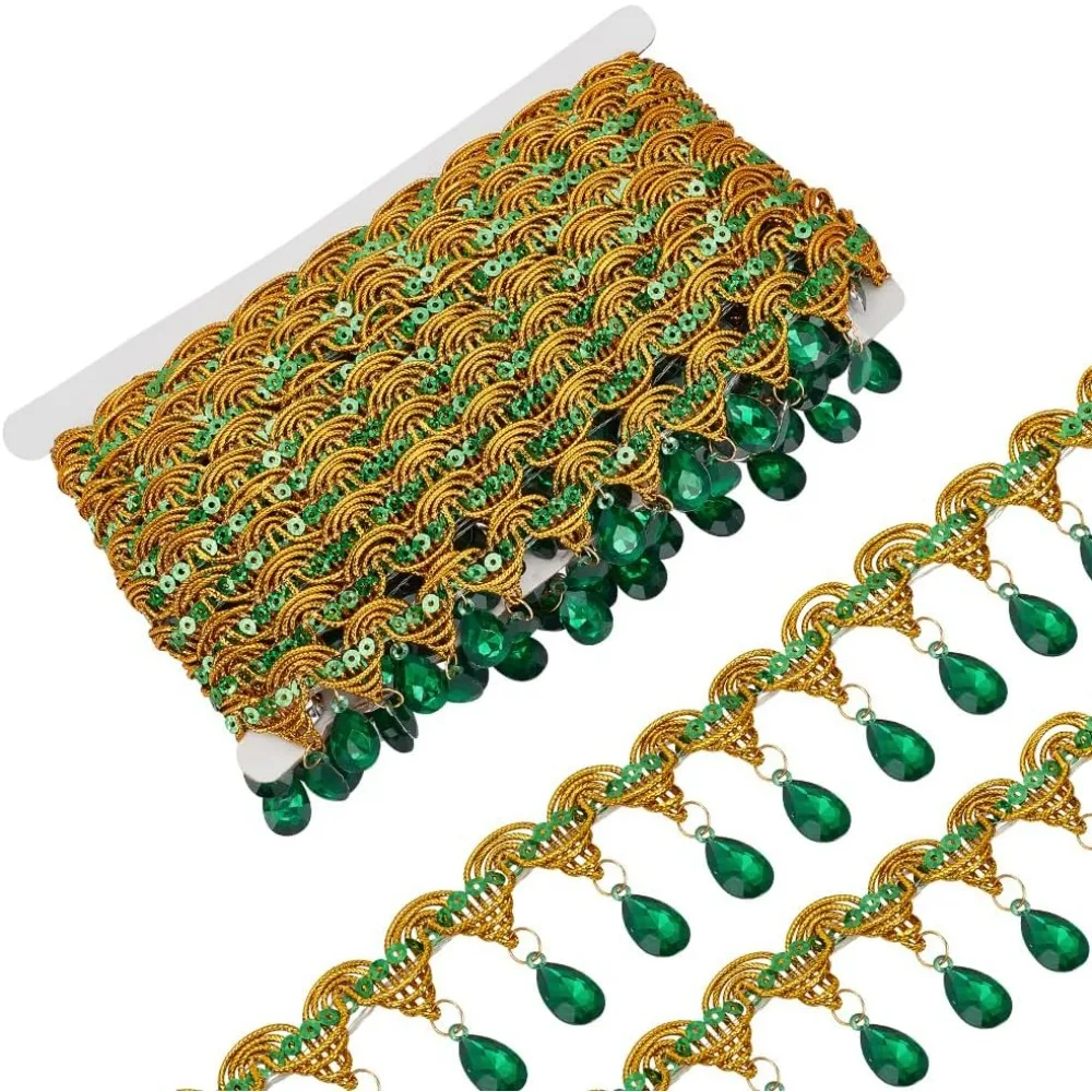 9.8 Yards 1.9 inch Wide Hanging Beads Fringe Lace Green Rhinestone Bead Fringe Trim Polyester Sewing Fringe Tassel Trim by