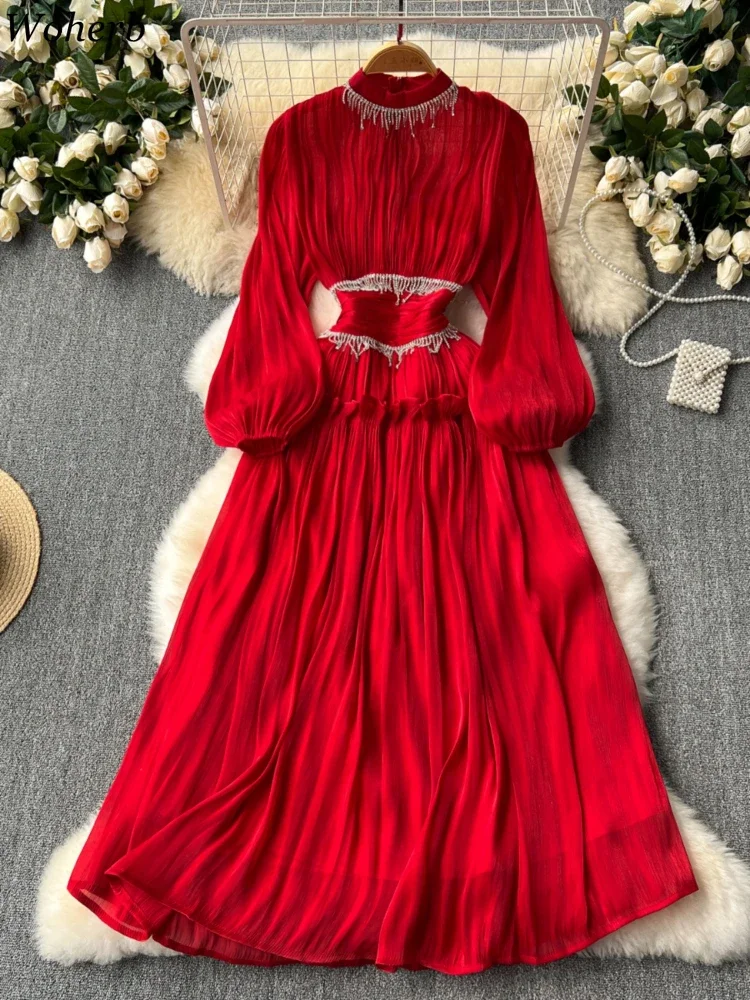 Maxi Dresses for Women Diamond Chain Slim Fit Solid Robe Femme Stand Neck Pleated Vintage Korean Dress 2024 Vestidos De Mujer