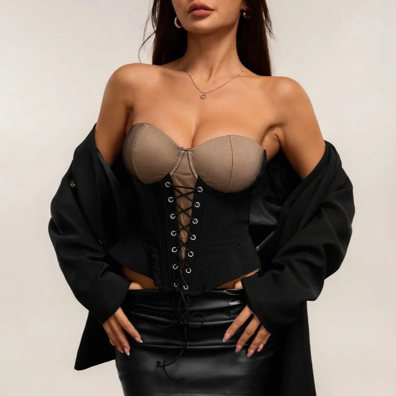 Gothic Sexy Contrast Color Bustier Top Women Strapless Lacing Fishbone Corset Slim Crop Top Night Club Bar Streetwear Layer Vest