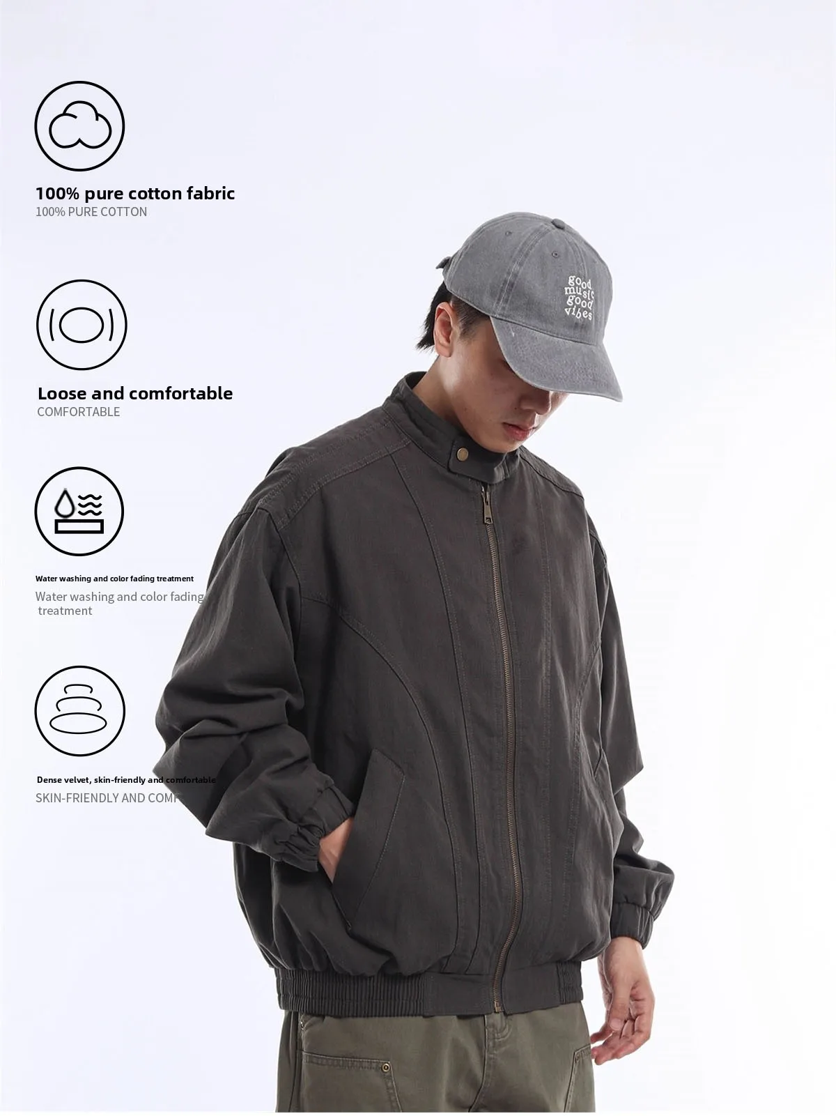 Retro Japanese Style Pure Cotton Workwear Jacket Men's Spring Autumn Zipper Stand Collar Washed out Jacket Vintage Style