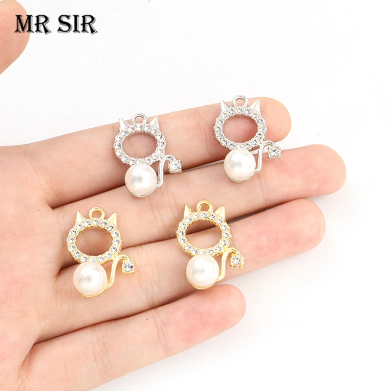 10pcs Gold/Silver Plated Pearl Rhinestones Cat Kitten Charms Fashion Crystals Animals Pendants Fit Jewelry DIY Necklace Earrings