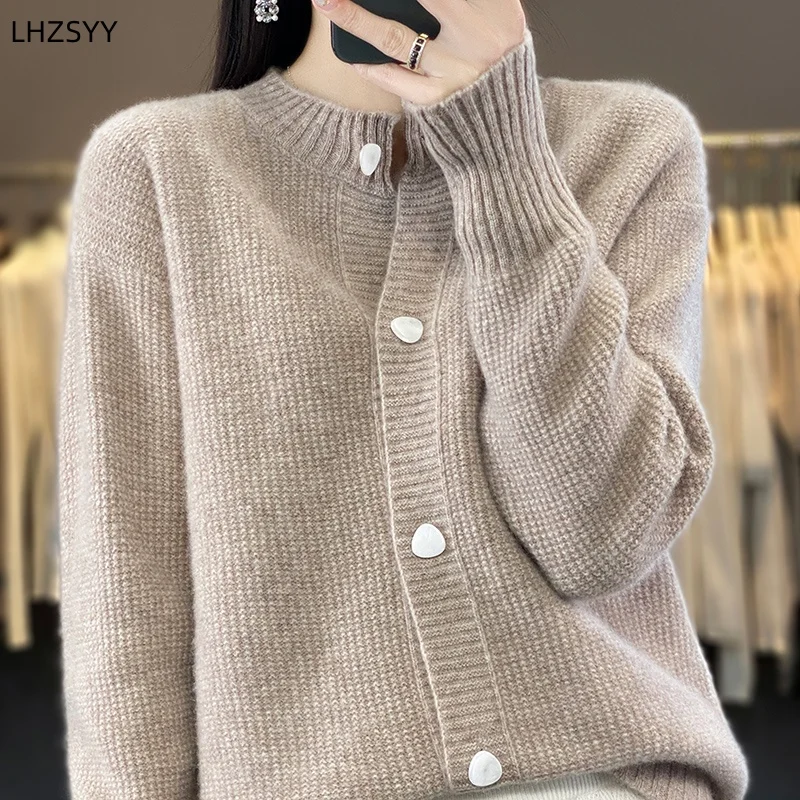 Women\'s 100% Merino Wool Knitted Cardigan Autumn/Winter Round neck Casual Coat Clothing Loose Warm Female Jacket Tops Base Shirt