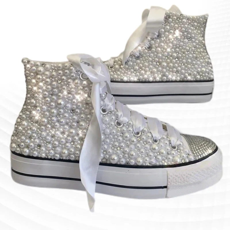 White High top pearl rhinestones ribbon accessories custom style canvas shoes integrated sports casual shoes women's shoes 35-40