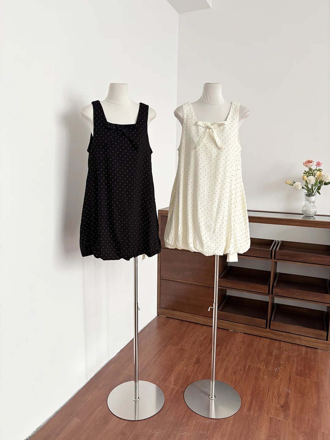 

Sweet Korean Style Polka Dot Knot Vest Dress Women's Summer New Slimming A-Line Skirt Casual City Commute Dress