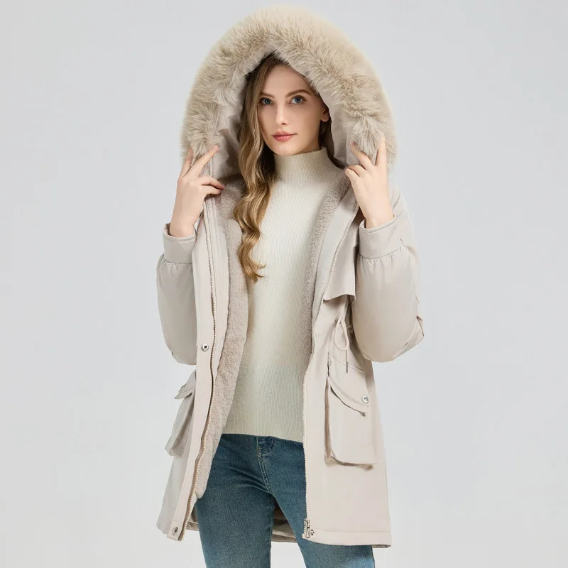 Veelzijdig katoenen gewatteerd damesjack met capuchon, middellange afneembare 2025, wintermodieuze bovenkleding voor dames