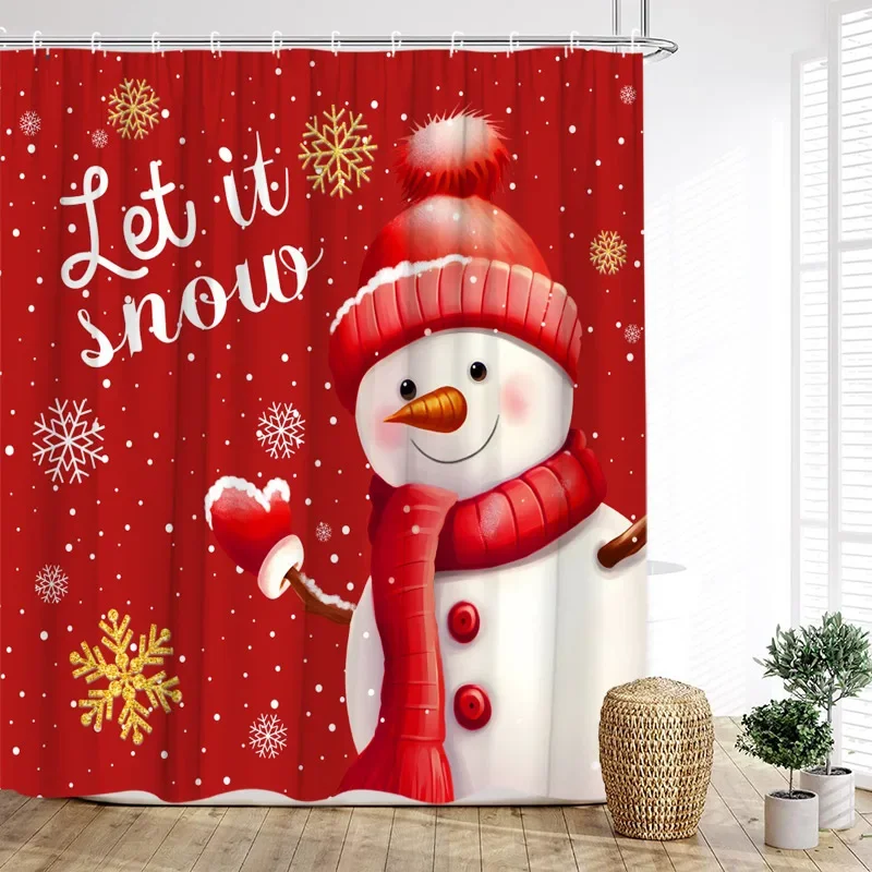 Funny Red Santa Claus Shower Curtain Gold Xmas Balls Gifts White Snowflakes Winter Christmas Bath Curtains Home Bathroom
