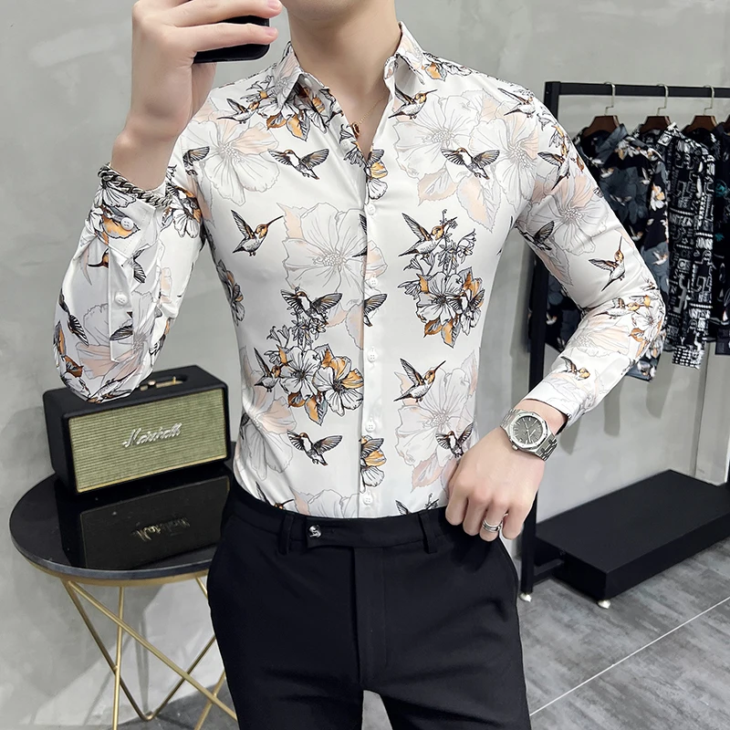 6XL Long-sleeved Floral Shirt For Men Streetwear Fashion Korean Style Button Down Shirts Tops Party Prom Slim Fit Chemise Homme