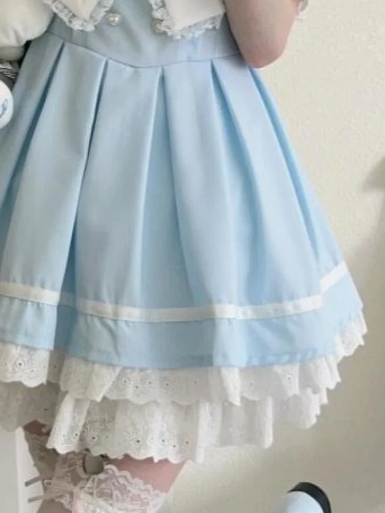 Japanese Kawaii Sweet Bow Lolita Dresses Preppy Style Sailor Collar Off Shoulder Vestidos Summer Lace Patchwork Grunge Dress