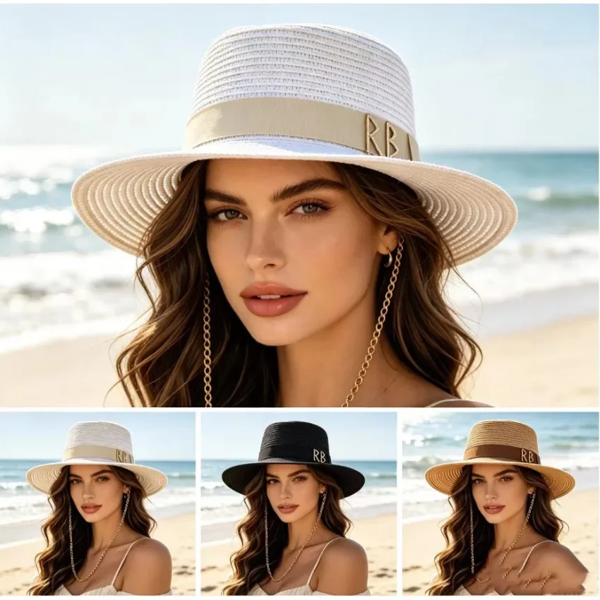 Women Elegant Ribbon Decor Straw Hat Summer Outdoor Beach Travel Sunscreen Party Dress Hat