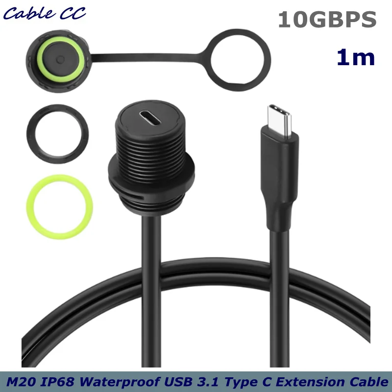 USB C to USB C Threaded Mount IP68 Waterproof Cable, USB Type C 3.1 Male to Female Panel Mount Extension Cable (1M)