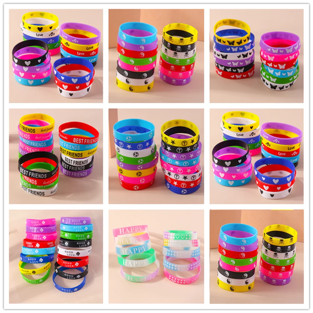 Random 10pcs Love Heart Happy Silicone Wristbands Adult Kids Best Friends Butterfly Bracelets for Birthday Party Jewelry Gifts