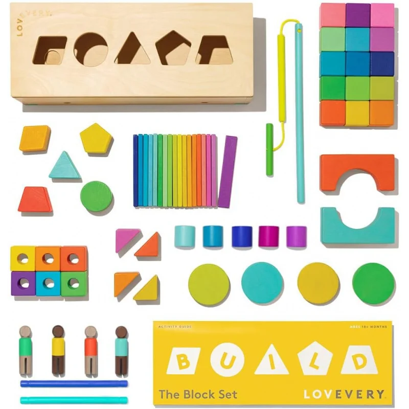 Block Set | Solid Wood Building Blocks and Shapes   Wooden Storage Box, 70 Pieces, 18 Colors, 20  Activities, Toddler Block