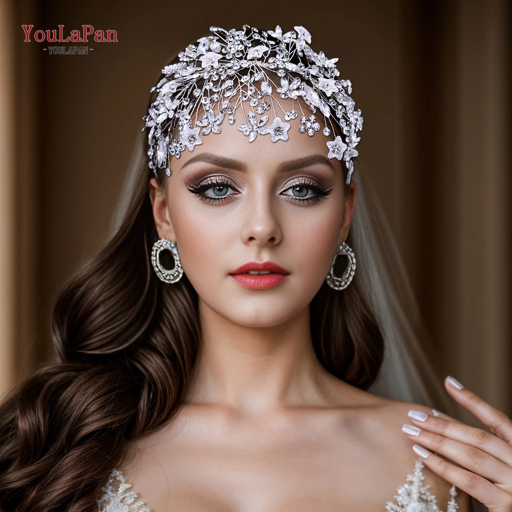 TOPQUEEN-Faixa De Cabelo De Noiva, Cocar De Casamento, Noiva Headpiece, Flor De Strass, Acessórios Brilhantes, Damas Presentes, HP677