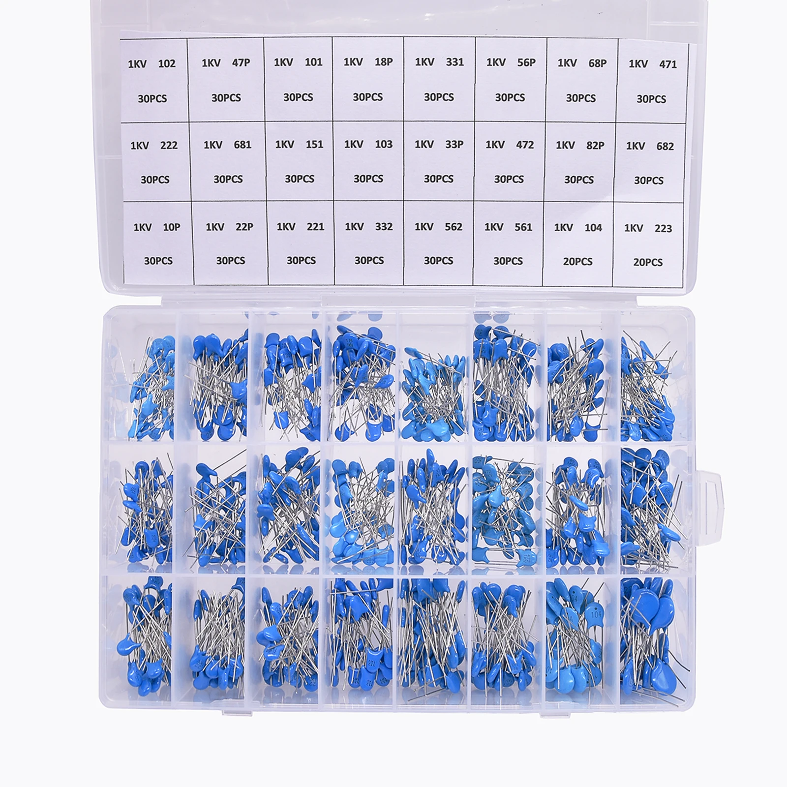 

700PCS/BOX 24Values 1KV 10PF-821PF 101 102 103 104 Assorted Kit High-Voltage Ceramic Capacitors Package with box