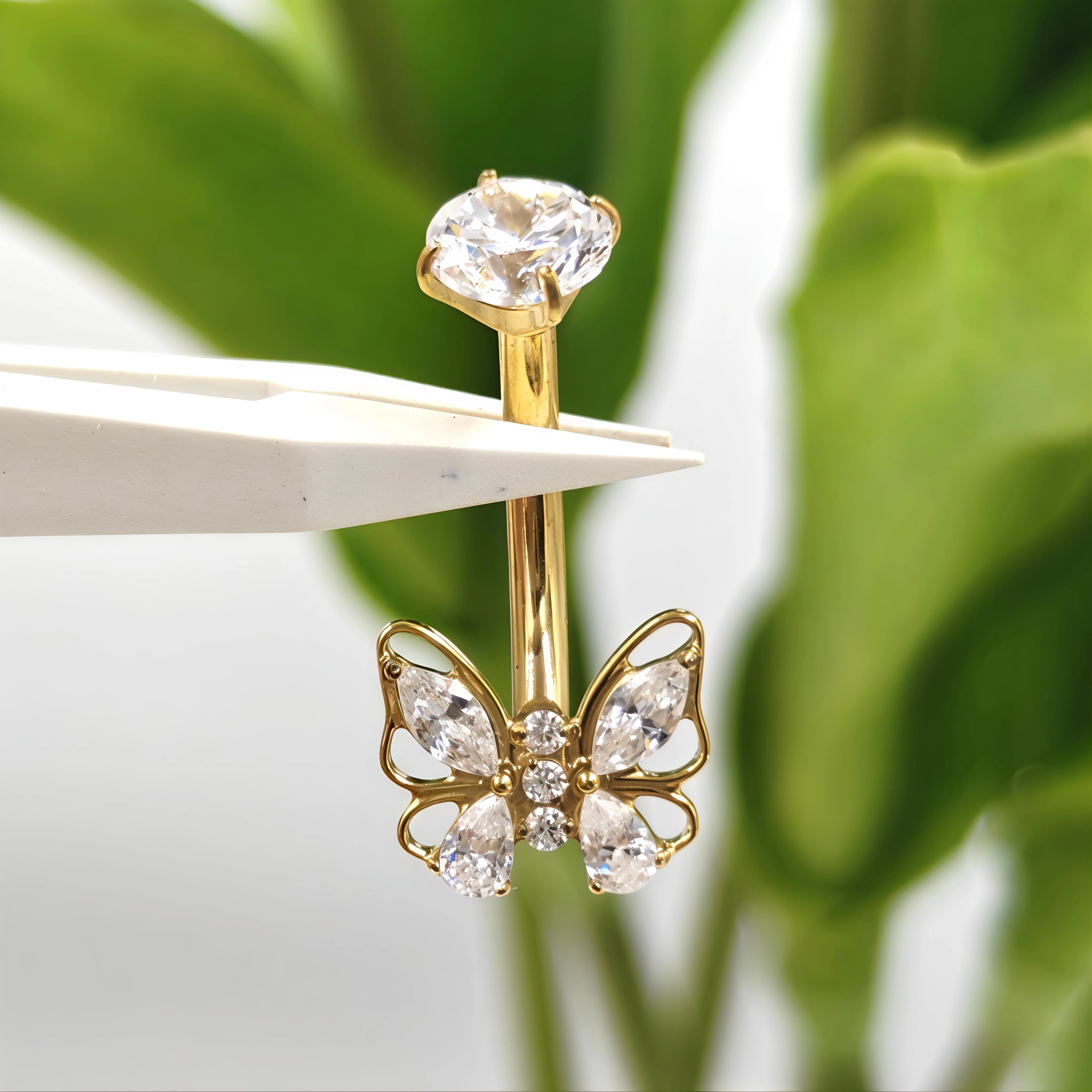 ASTM F136 Titanium Gold Color Butterfly Navel Ring Internally Threaded CZ Crystal Sparkling Belly Button Piercing Jewelry