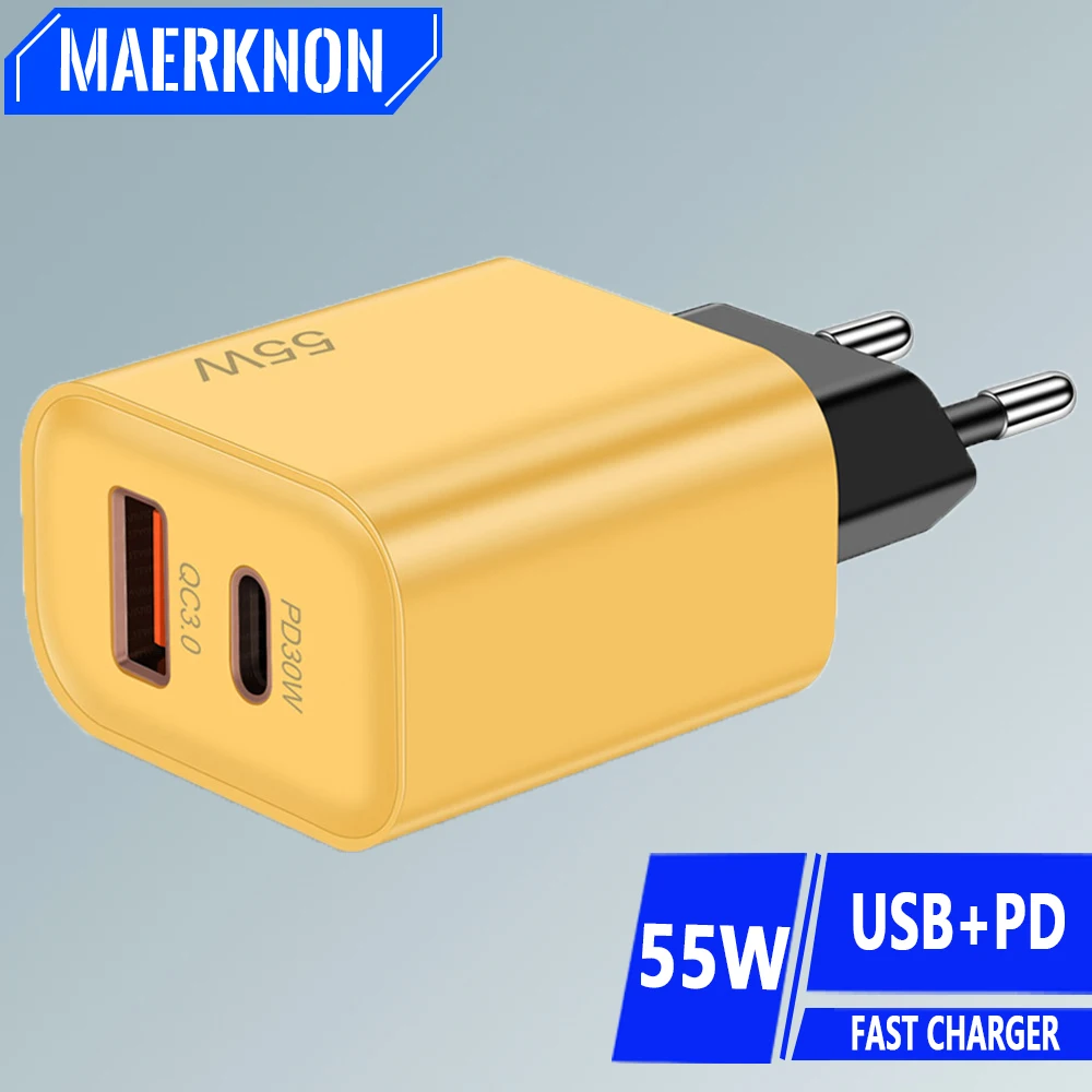 PD 55W USB Phone Charger 2 Ports Type C Charger Fast Charging For iPhone 13 14 15 USB C Charger Quick Charge For Samsung Xiaomi