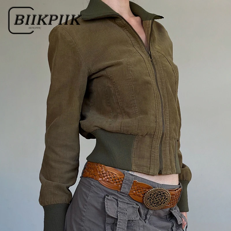 

BIIKPIIK Corduroy Coats For Women Vintage Turdown Collar Slim Fit Harajuku Jackets Autumn Winter Y2K Retro Casual Zipper Jackets