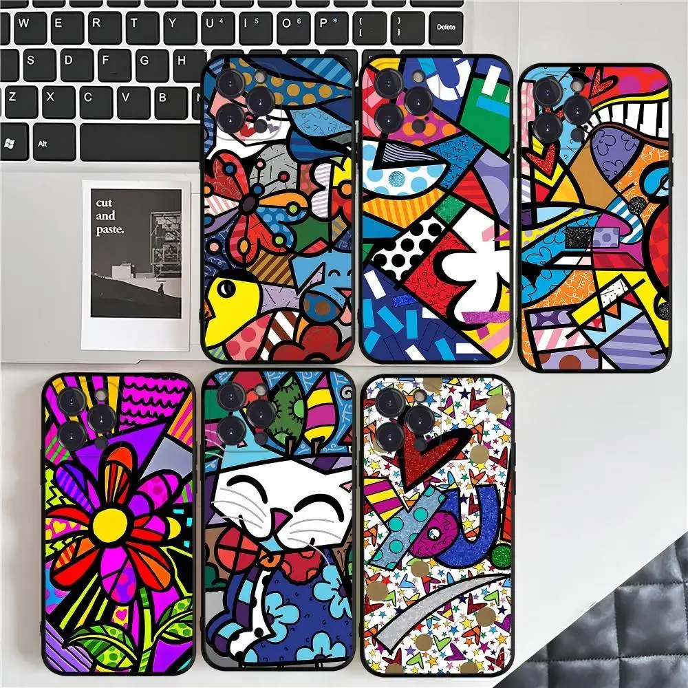 Capa de Telefone Art R-Romero Britto para iPhone 16 15 17 13 14 12 11 Pro Max Plus, Capa Preta