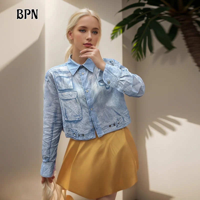 

BPN Casual Spliced Pockets Short Shirts For Women Lapel Long Sleeve Patchwork Single Breasted Minimalist Blouse Female Fashion