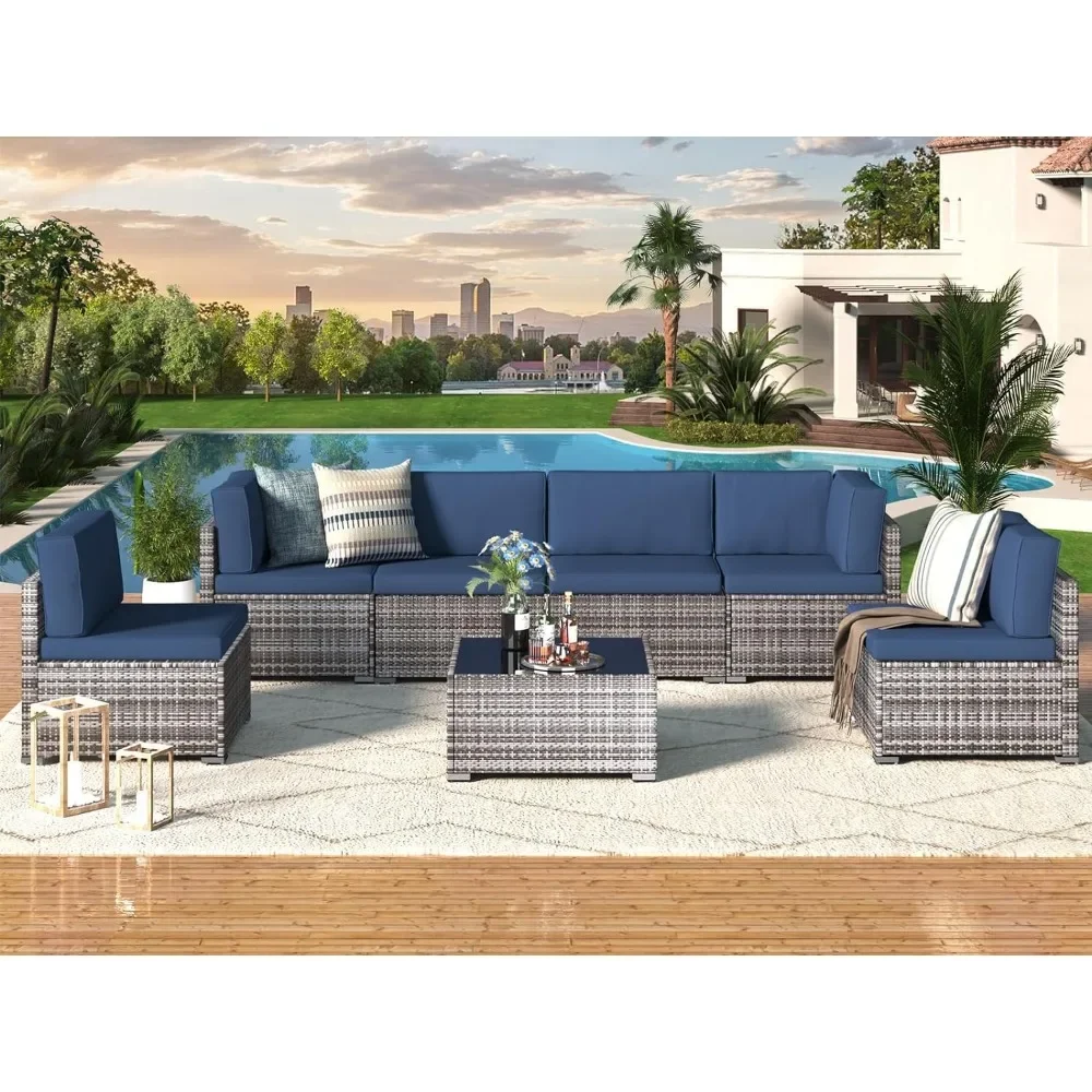 

7 Piece Outdoor Patio Furniture Set Tools PE Rattan Outdoor Grey Wicker Furniture Grey Rattan and Navy Cushion Freight Free Sets