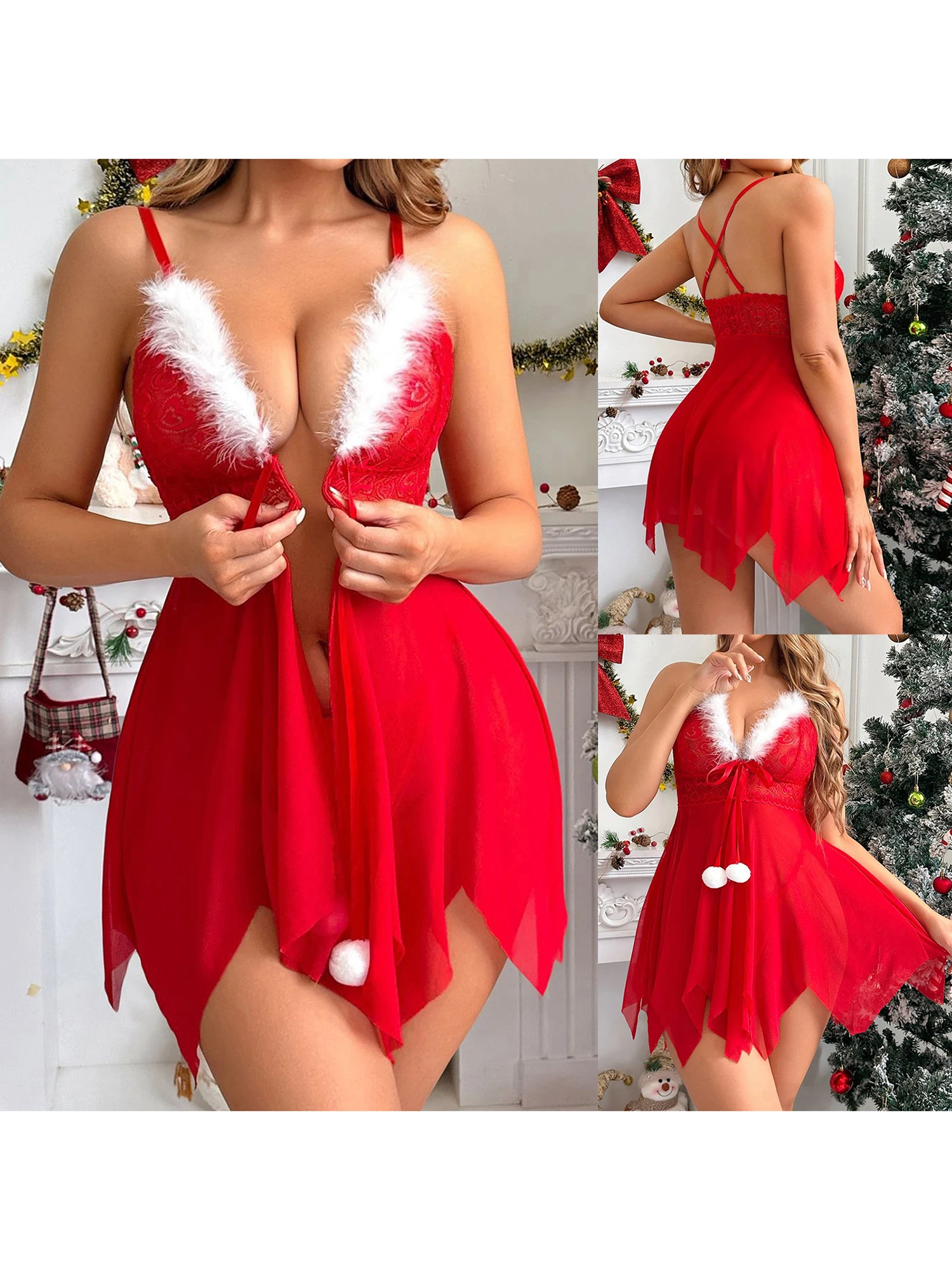 

Women s Holiday Lingerie Set Velvet Trim Lace V Neck Babydoll Chemise with Matching Thong Panties 2 Piece Set