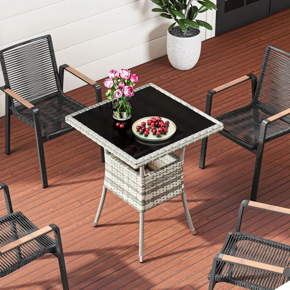 23.6" Patio Table for 4-Person, Outdoor Patio Wicker Square Dining Table, All-Weather Rattan Bistro Dining Table w/Glass Tablet