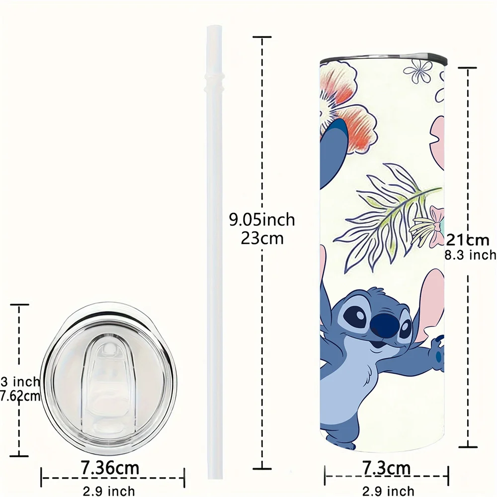1pc 20oz Stitch Hibiscus Floral Print Insulated Stainless Steel Tumbler with Lid & Straw, Cute Cartoon Travel Mug for Daily Use