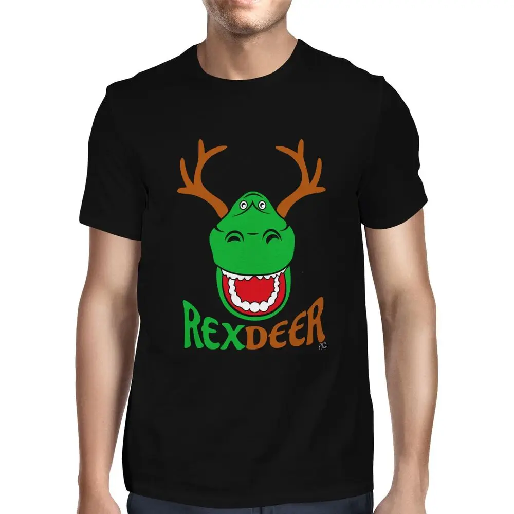 Mens Christmas Dinosaur RexDeer with Reindeer Antlers T-ShirtUnisex Women's Summer Cotton Luxury Brand Retro Oversized