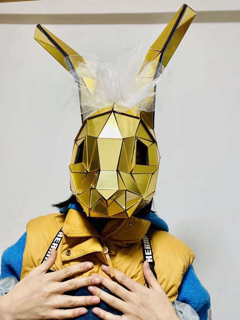 

Gold Rabbit Mirror Costume Mirror Animal Headgear Stage Show Halloween Party Cosplay Costume Mask Silver Mirror Animal Suit