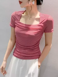 Summer Short Sleeve Square Collar Mesh T-shirt Tee Girls Solid High Elasticity Sheath Folds Tshirts Tops For Women
