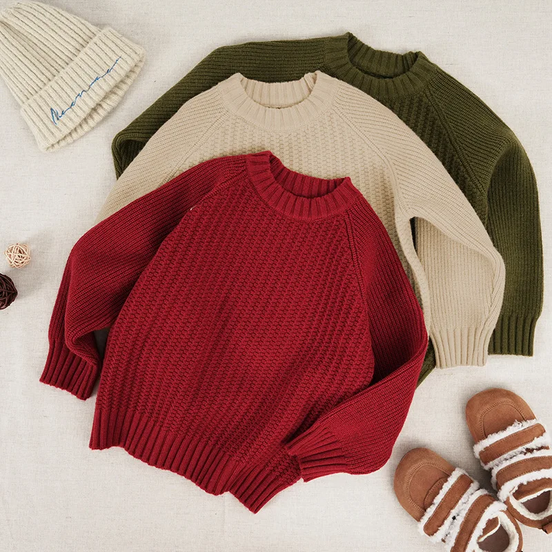 

UNITIM Toddler Girls Sweater Solid Color Thicken Warm Kids Boys Knitwear New Winter Versatile Round Neck Litte Boys Pullovers