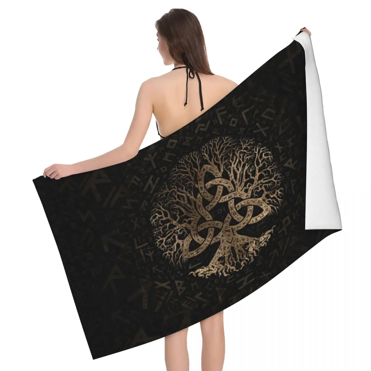 

Customized Tree Of Life With Triquetra On Futhark Beach Towel Quick Drying Vikings Super Soft Microfiber Pool Sauna Towels