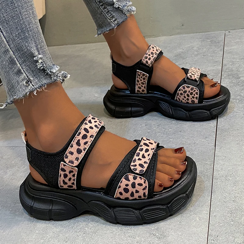 Leopard Hook Loop Platform Sandals Women Mesh Knitting Thick Bottom Sandals Woman Summer Wedges Non-Slip Sports Sandalias Mujer